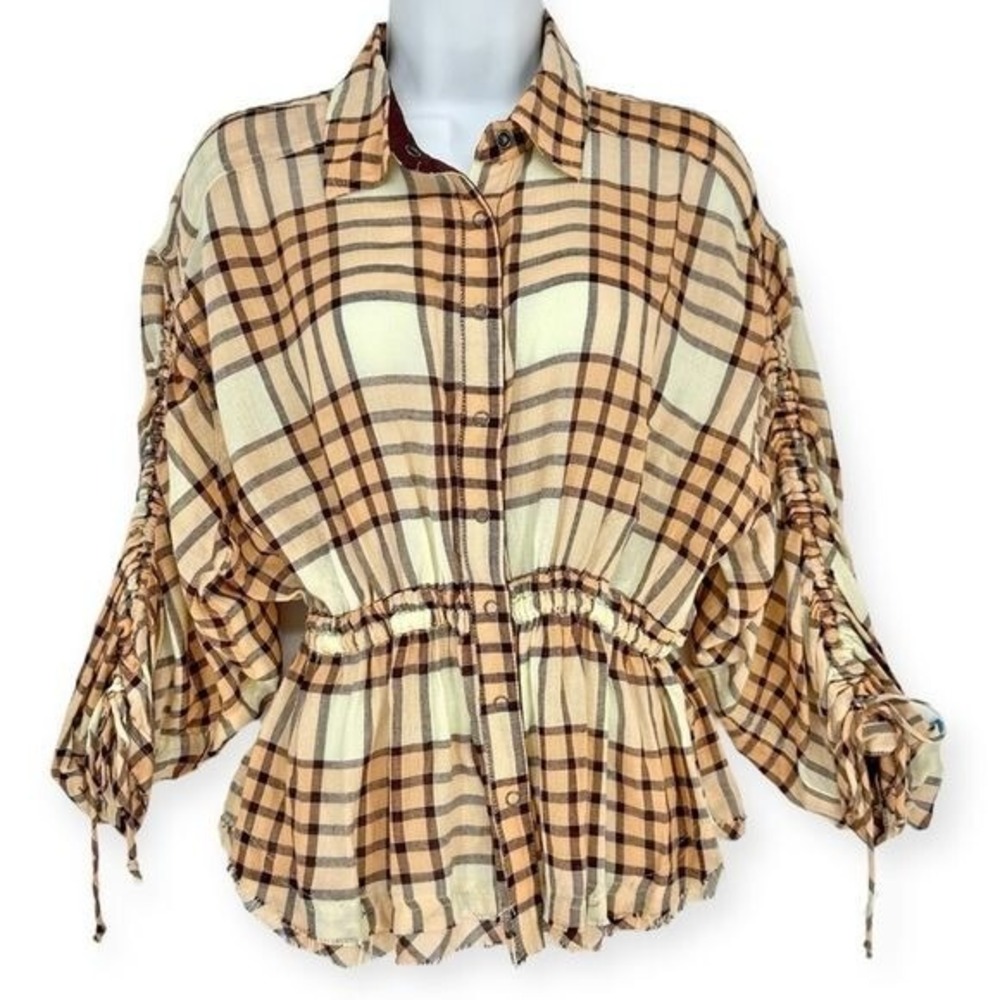 FREE PEOPLE NWT WE THE FREE‎ Pacific Dawn Drawstring Plaid Snap Shirt -size XS - Picture 3 of 10